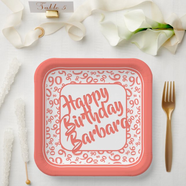 90th Birthday Random Number Pattern Coral White Paper Plate (Wedding)