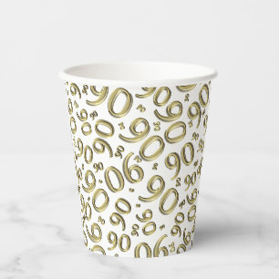 90th Birthday Random Number Pattern Gold/White 90 Paper Cups