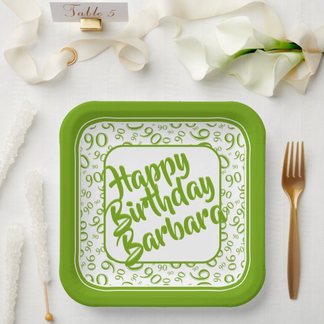 90th Birthday Random Number Pattern Green/White Paper Plate (Wedding)