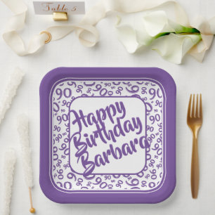 90th Birthday Random Number Pattern Purple White Paper Plate