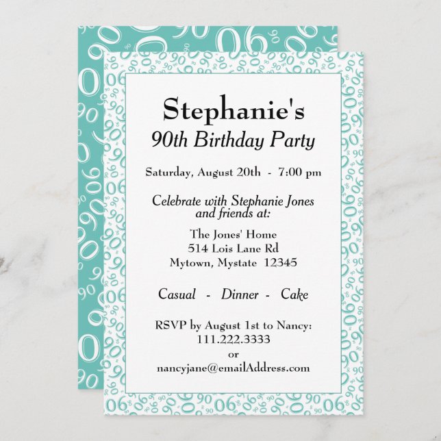 90th Birthday Random Number Pattern Teal/White Invitation (Front/Back)