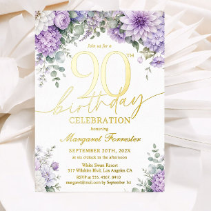 90th Birthday Real Gold Elegant Purple Floral