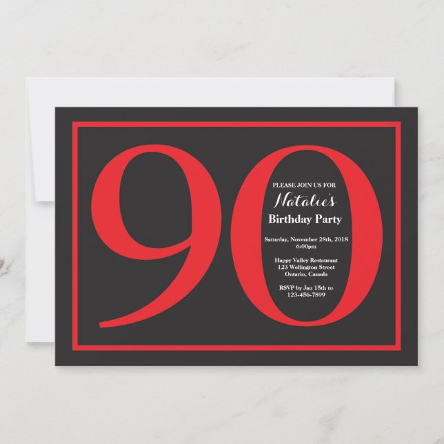 90th Birthday Red and Black Chalkboard Invitation (Front)