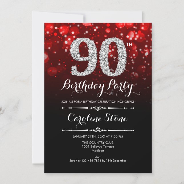 90th Birthday - Red Black Silver Invitation (Front)