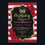 90th Birthday - Red Gold Black White Stripes Roses Invitation<br><div class="desc">90th Birthday Invitation
Elegant marsala wine red black white design with faux glitter gold. Dark red stripes with roses. Perfect for an elegant birthday party.</div>