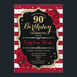 90th Birthday - Red Gold Black White Stripes Roses Invitation<br><div class="desc">90th Birthday Invitation
Elegant marsala wine red black white design with faux glitter gold. Dark red stripes with roses. Perfect for an elegant birthday party.</div>