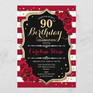90th Birthday - Red Gold Black White Stripes Roses Invitation
