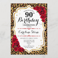90th Birthday - Red Gold Leopard Print