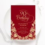 90th Birthday Red Gold Roses Invitation<br><div class="desc">Red gold elegant 90th birthday party invitation. Classy design featuring roses,  faux gold foil and typography script font. Trendy invite card perfect for a stylish female bday celebration. Personalise with your own details. Can be customised to any age. Printed Zazzle invitations or instant download digital printable template.</div>