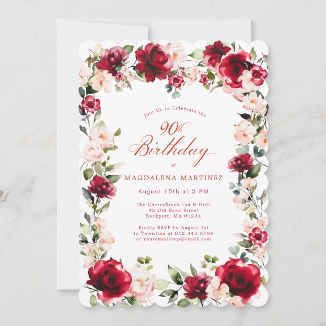 90th Birthday Red Rose Pink Peony Floral Invitation (Front)