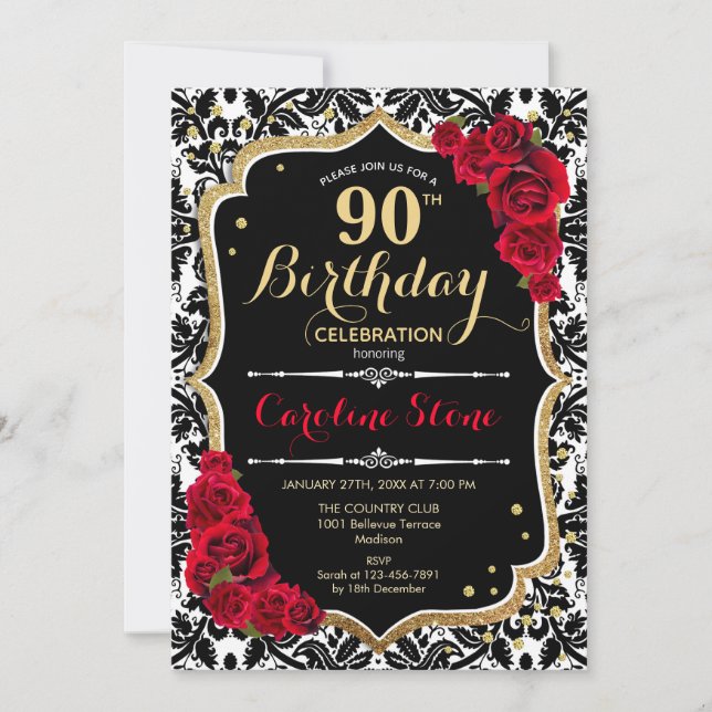 90th Birthday - Red Roses Gold Black Damask Invitation (Front)