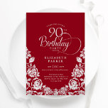 90th Birthday Red Silver Roses Invitation<br><div class="desc">Red silver elegant 90th birthday party invitation. Classy design featuring roses,  faux silver foil and typography script font. Trendy invite card perfect for a stylish female bday celebration. Personalise with your own details. Can be customised to any age. Printed Zazzle invitations or instant download digital printable template.</div>