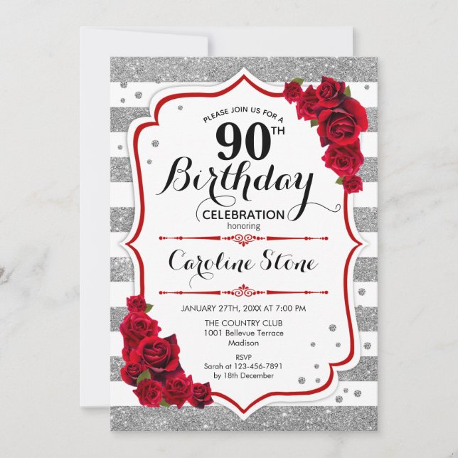 90th Birthday -  Red Silver White Stripes Roses Invitation (Front)