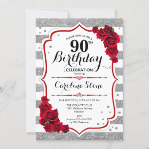 90th Birthday - Red Silver White Stripes Roses Invitation