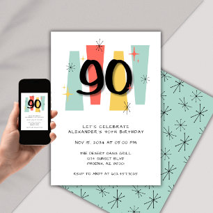 90th Birthday Retro Midcentury Modern Colourful Invitation