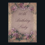 90th Birthday Romantic Vintage Roses and Lace Invitation<br><div class="desc">Women's 90th birthday elegant vintage roses lace collage personalised custom birthday party celebration invites. A beautiful collage with elegant cream printed image lace frame, stylish, beautiful purple / lilac antique roses flowers on a pretty lavender / mauve colour floral pattern background. Classy, cute, chic, feminine, girly, classic, old fashioned, ornate,...</div>