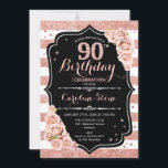 90th Birthday - Rose Gold and White Stripes Invitation<br><div class="desc">90th Birthday Party Invitation. Elegant rose gold white and black design with faux glitter. Features stylish stripes,  blush pink roses,  script font and confetti. Perfect for a glam milestone bday celebration.</div>