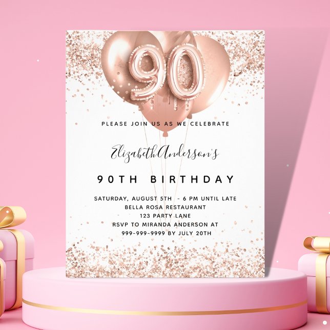 90th birthday rose gold balloons budget invitation flyer (Creator Uploaded)
