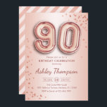 90th Birthday - Rose Gold Balloons Invitation<br><div class="desc">90th birthday party invitation. Elegant design in faux glitter rose gold. Invite card features rose gold number 90 balloons and script font. Perfect for a stylish bday celebration. Message me if you need custom age.</div>