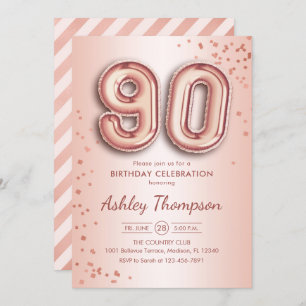 90th Birthday - Rose Gold Balloons Invitation
