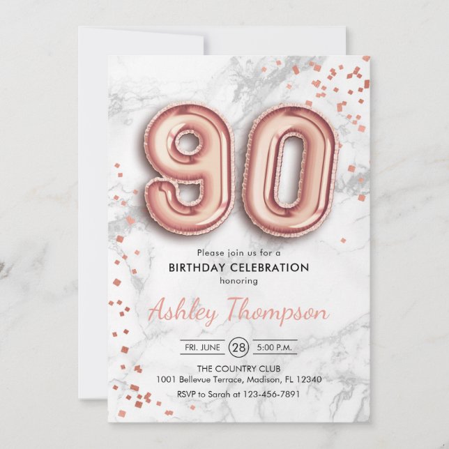 90th Birthday - Rose Gold Balloons Marble Effect Invitation (Front)
