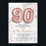 90th Birthday - Rose Gold Balloons Marble Effect Invitation<br><div class="desc">90th birthday party invitation. Elegant design in faux glitter rose gold with gray marble effect. Invite card features gold number 90 balloons and script font. Perfect for a stylish bday celebration. Message me if you need custom age.</div>
