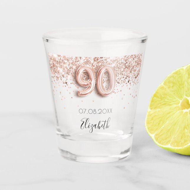 90th birthday rose gold blush confetti name shot glass (Front)