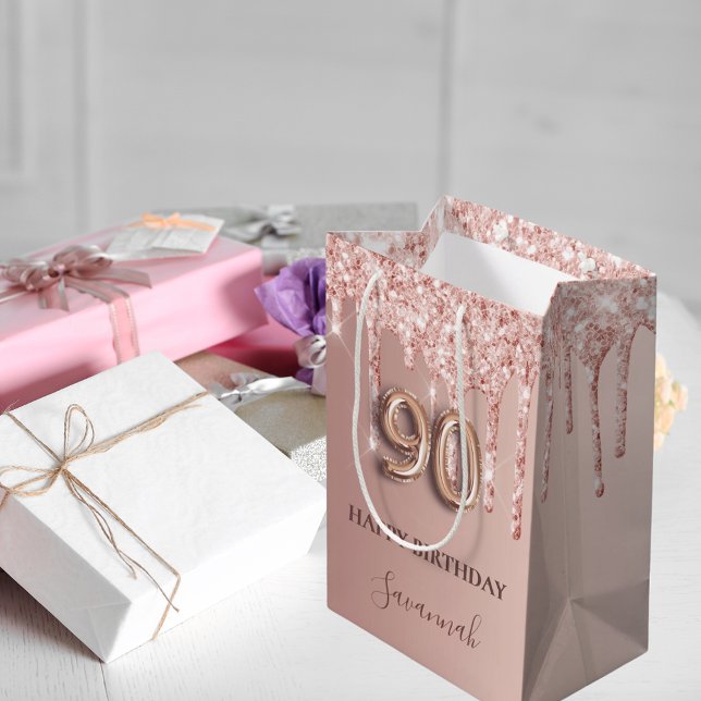 90th birthday rose gold blush glitter drips name medium gift bag (Creator Uploaded)