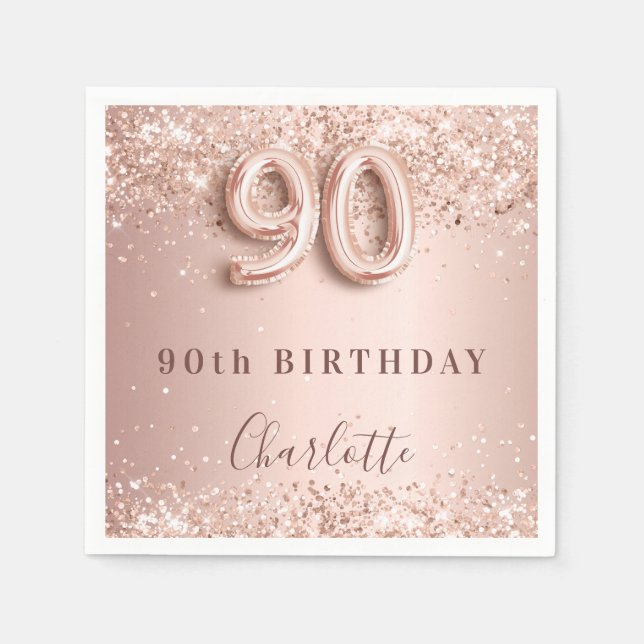 90th birthday rose gold blush glitter name napkin (Front)