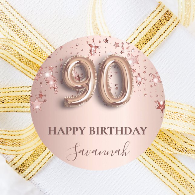 90th birthday rose gold blush stars name classic round sticker (Creator Uploaded)
