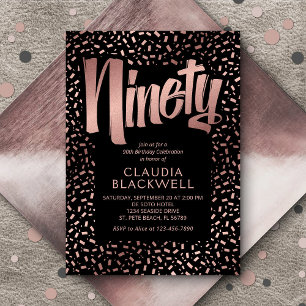 90th Birthday Rose Gold Confetti Invitation