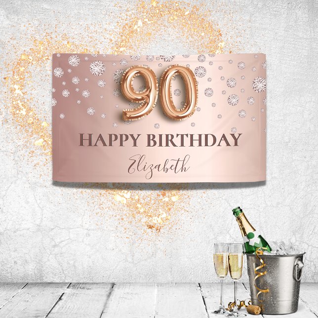 90th birthday rose gold diamonds balloon script banner (Creator Uploaded)