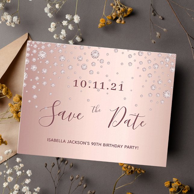 90th birthday rose gold diamonds save the date postcard (Creator Uploaded)