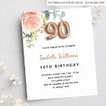 90th birthday rose gold floral budget invitation<br><div class="desc">An elegant invitation for a 90th birthday party. A chic white background. Decorated with a rose gold and blush pink watercolored rose flower, floral, green eucalyptus leaves, sprigs, greenery and faux gold sprigs. Personalise and the name and party details. Black and golden letters. The name is written with a modern...</div>
