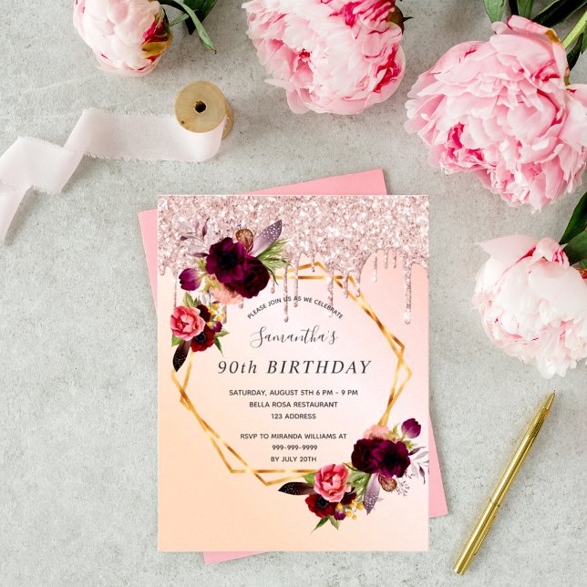 90th Birthday rose gold florals invitation Postcard (Creator Uploaded)