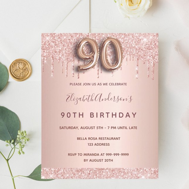 90th birthday rose gold glitter budget invitation flyer (Creator Uploaded)