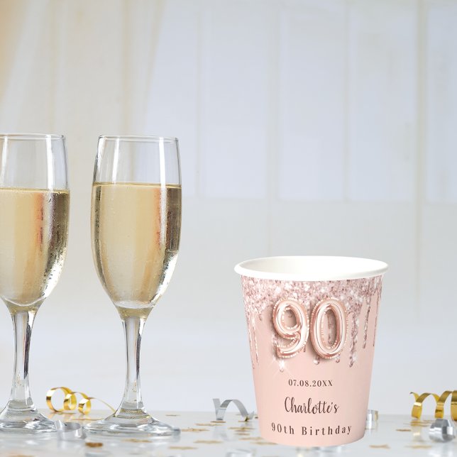90th birthday rose gold glitter drips monogram paper cups (Creator Uploaded)