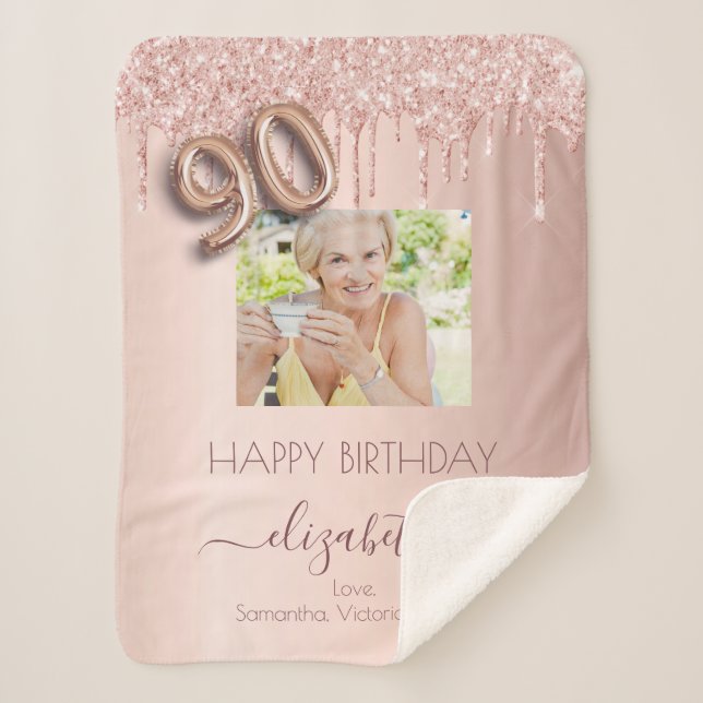 90th birthday rose gold glitter grandkids photo sherpa blanket (Front)