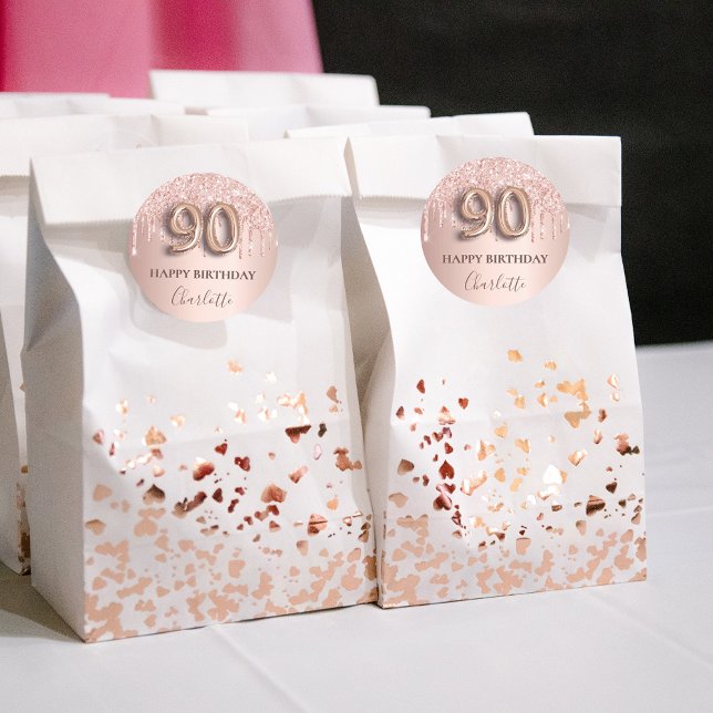 90th birthday rose gold glitter pink balloon style classic round sticker (Creator Uploaded)