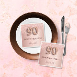 90th birthday rose gold glitter pink balloon style napkin<br><div class="desc">Elegant, classic, glamorous and girly for a 90th birthday party. Rose gold and blush pink, gradient background. Decorated with rose gold, pink faux glitter drips, paint dripping look. Personalize and add a name. With the text: Happy Birthday. The text is written with a modern dark rose colored hand lettered style...</div>