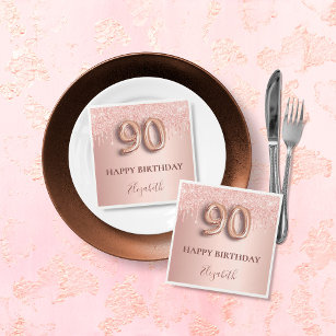 90th birthday rose gold glitter pink balloon style napkin
