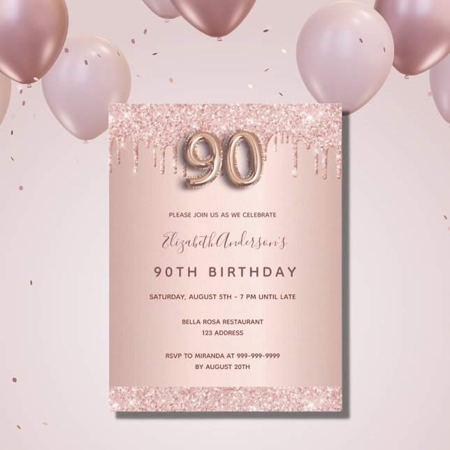 90th birthday rose gold glitter pink invitation postcard (Creator Uploaded)