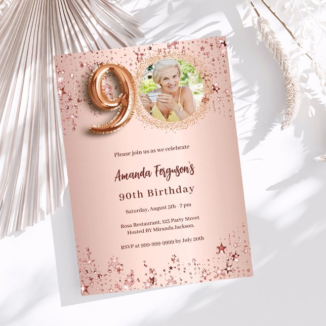 90th Birthday rose gold photo stars luxury Invitation (Creator Uploaded)