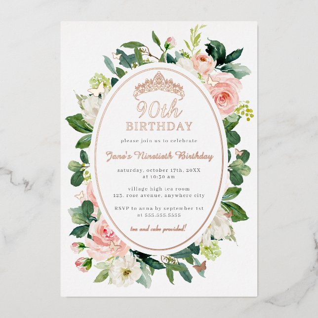 90th Birthday Rose Gold Pink Butterfly Floral  (Front)