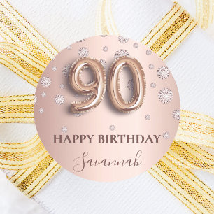 90th birthday rose gold pink diamonds classic round sticker