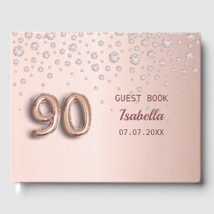 90th birthday rose gold pink diamonds guest book