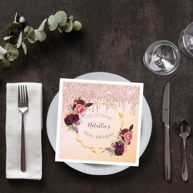 90th birthday rose gold pink geometric glitter napkin (Creator Uploaded)