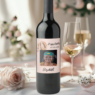 90th Birthday rose gold pink photo Wine Label