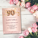 90th birthday rose gold pink stars balloon script invitation<br><div class="desc">A modern, stylish and glamourous invitation for a 90th birthday party. A faux rose gold metallic looking background with faux gold dripping stars. The name is written with a modern dark rose gold coloured hand lettered style script. Personalise and add your party details. Number 90 is written with a balloon...</div>