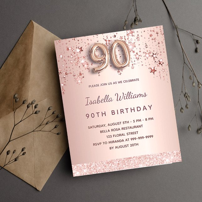 90th birthday rose gold stars budget invitation flyer (Creator Uploaded)